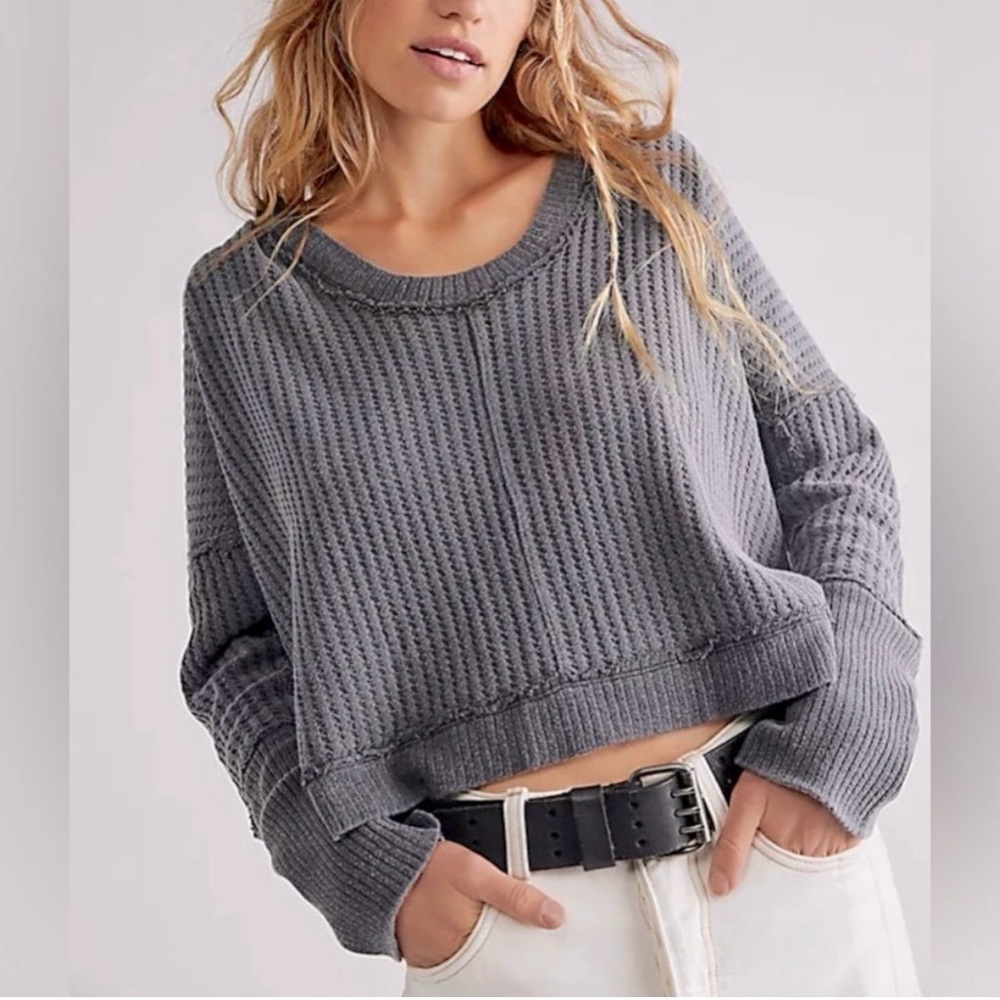 We The Free Gray Waffle Knit Pullover